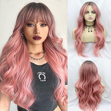 Pink Wigs with Bangs Long Light Color Wavy Ombre Pink Wig Synthetic Wigs for Women Middle Part Dark Roots Layered Hair Heat Resistant Fiber Natural Hair Wigs for Daily Party 24 Inch
