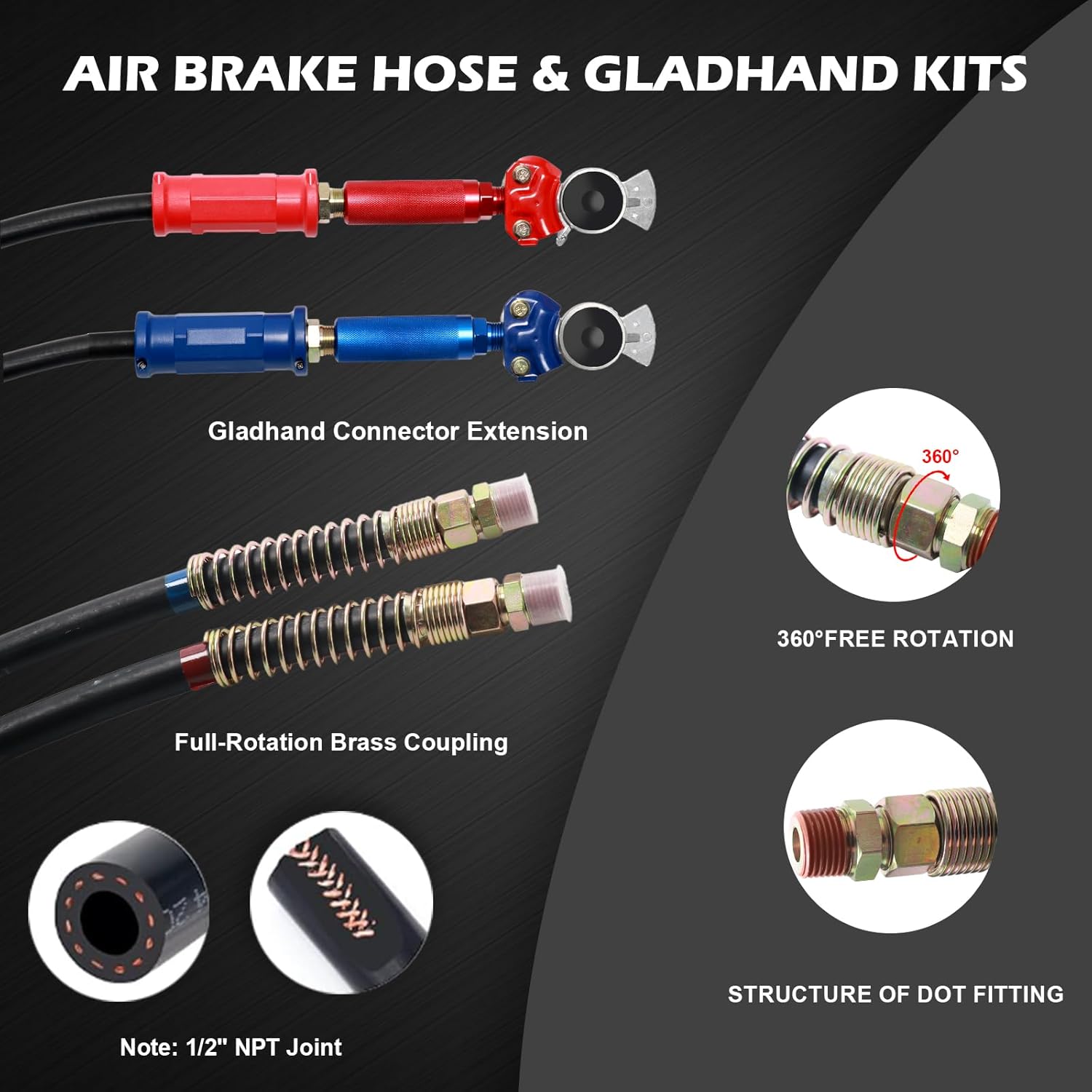 TIROL 15FT Semi Truck Air Line Kit - 3 In 1 Truck Air Hose & Power Air Line Wrap 7 Way Trailer Cord With Gladhands,Handles,Holder,Tender Spring Kit,Seals For Semi Truck Trailer Tractor