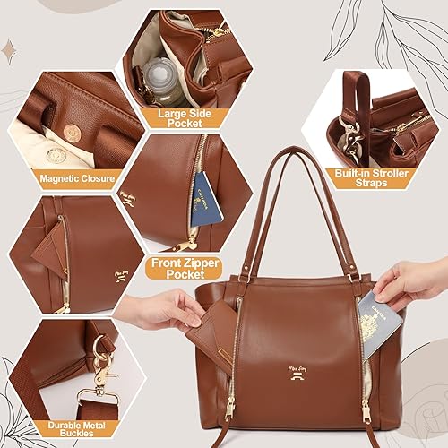 Miniatura 5 de miss fong Mochila para pañales de bebé, bolsa de pañales de cuero, bolsa de pañales con cambiador, correas para cochecito y 2 bolsillos aislados