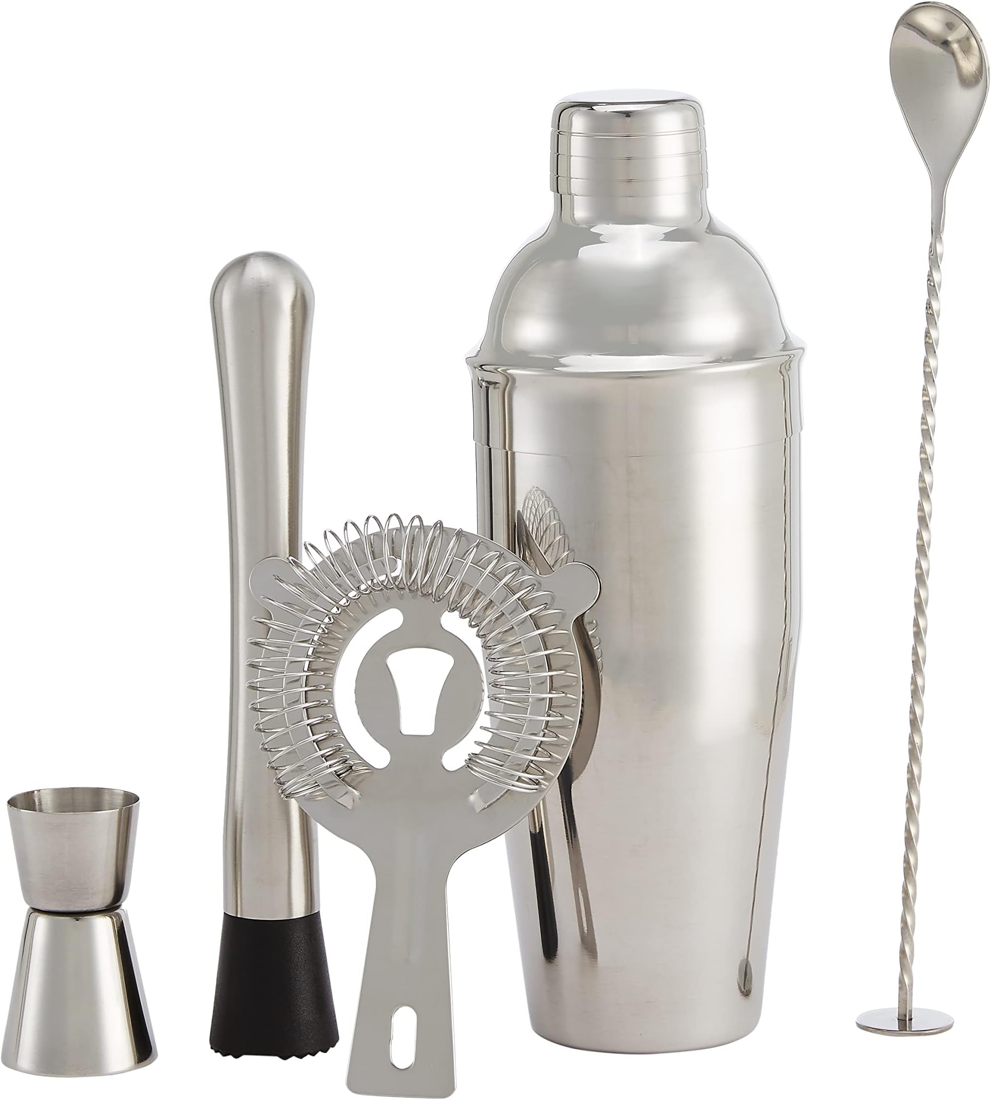 Amazon Basics 5-Piece Stainless Steel Bar Tool Set w/ 710-ml Shaker, Jigger, Strainer, Muddler