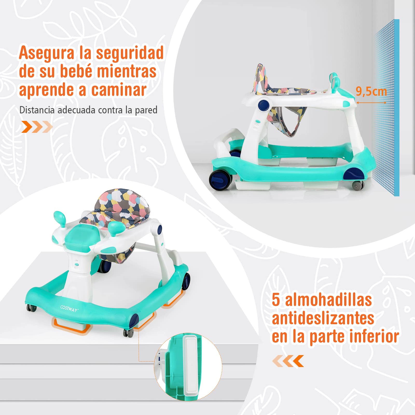 COSTWAY Andador 2 en 1 para Niños, Plegable con Altura y Velocidad Regulables, Carillón con Luces, Volante y Cojín Cómodo, de Empuje para Niños de 6 a 18 Meses
