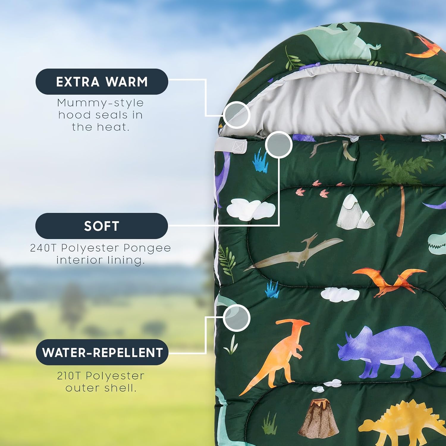 Wake In Cloud - Kids Sleeping Bag for Boys Toddlers, Camping in Warm Cold Weather, Backpacking Lightweight Compact Outdoor Liner for 3 Seasons, Watercolor Dinosaurs - Image 3