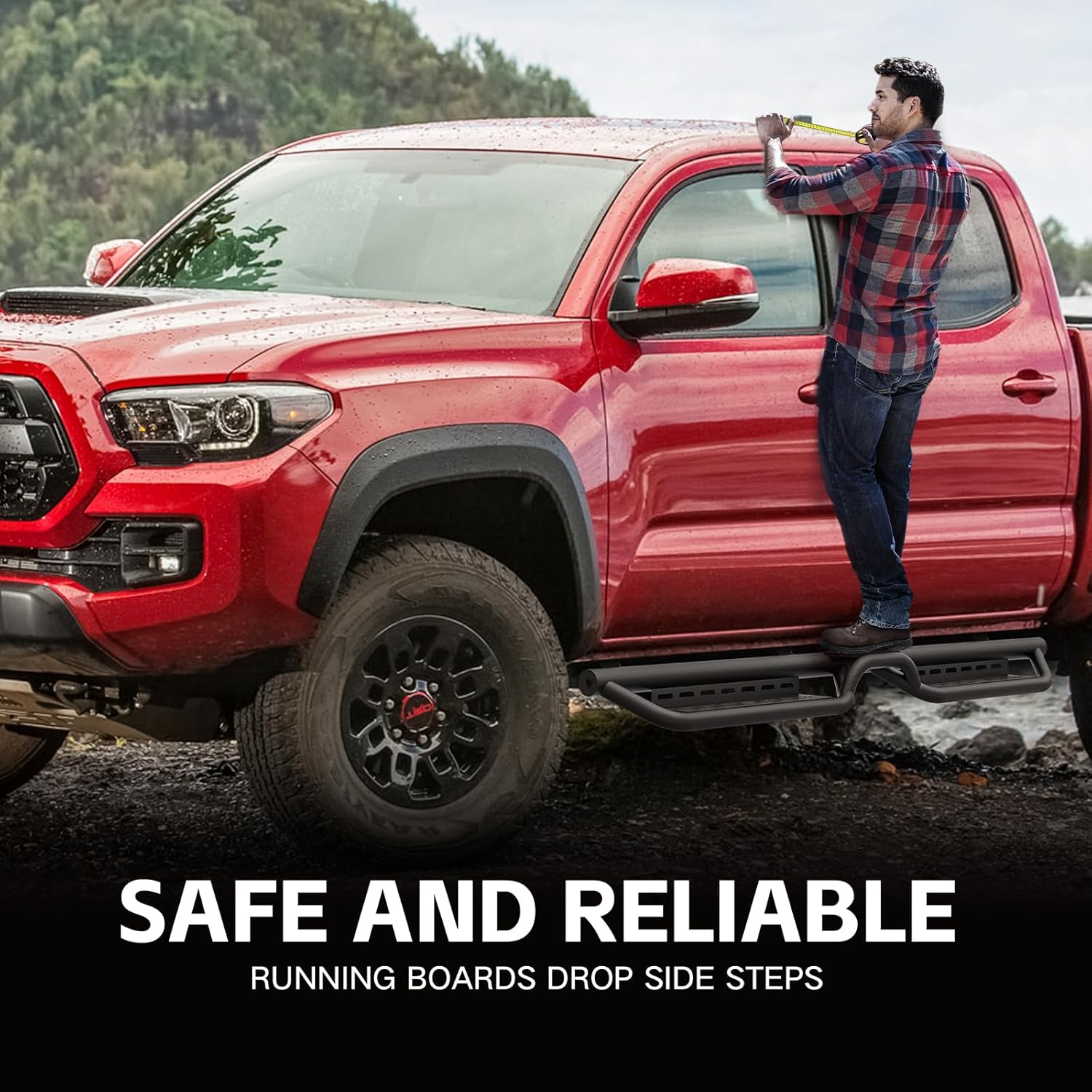 Running Boards Side Steps Compatible with 2005-2023 Toyota Tacoma Double Cab & Crew Cab (4 Full-Size Doors), Heavy-Duty Two Stair Design Side Rails Nerf Bar Rock Sliders, Textured Black-Star