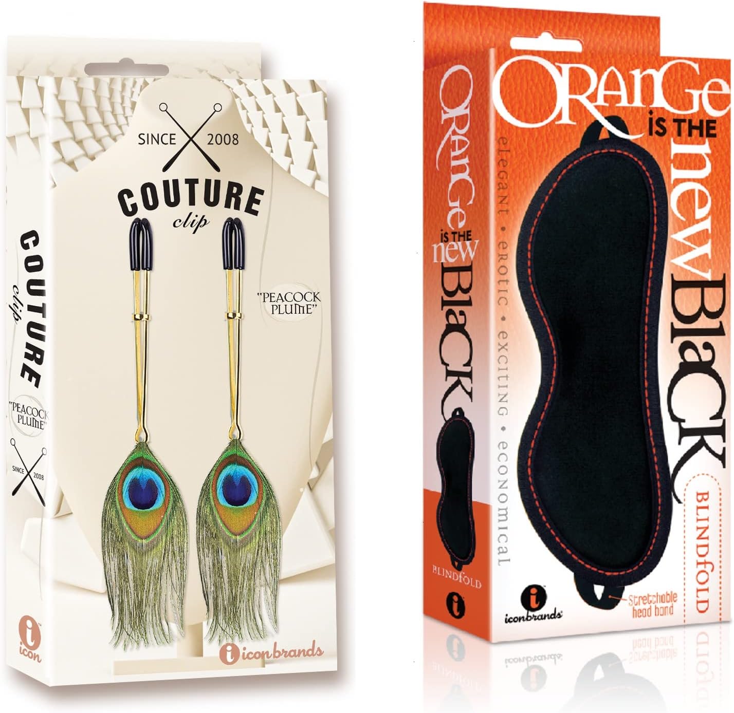 Sexy, Kinky Gift Set Bundle of Couture Clip’s “Peacock Plume” Nipple Clamp and Icon Brands Orange is The New Black, Blindfold