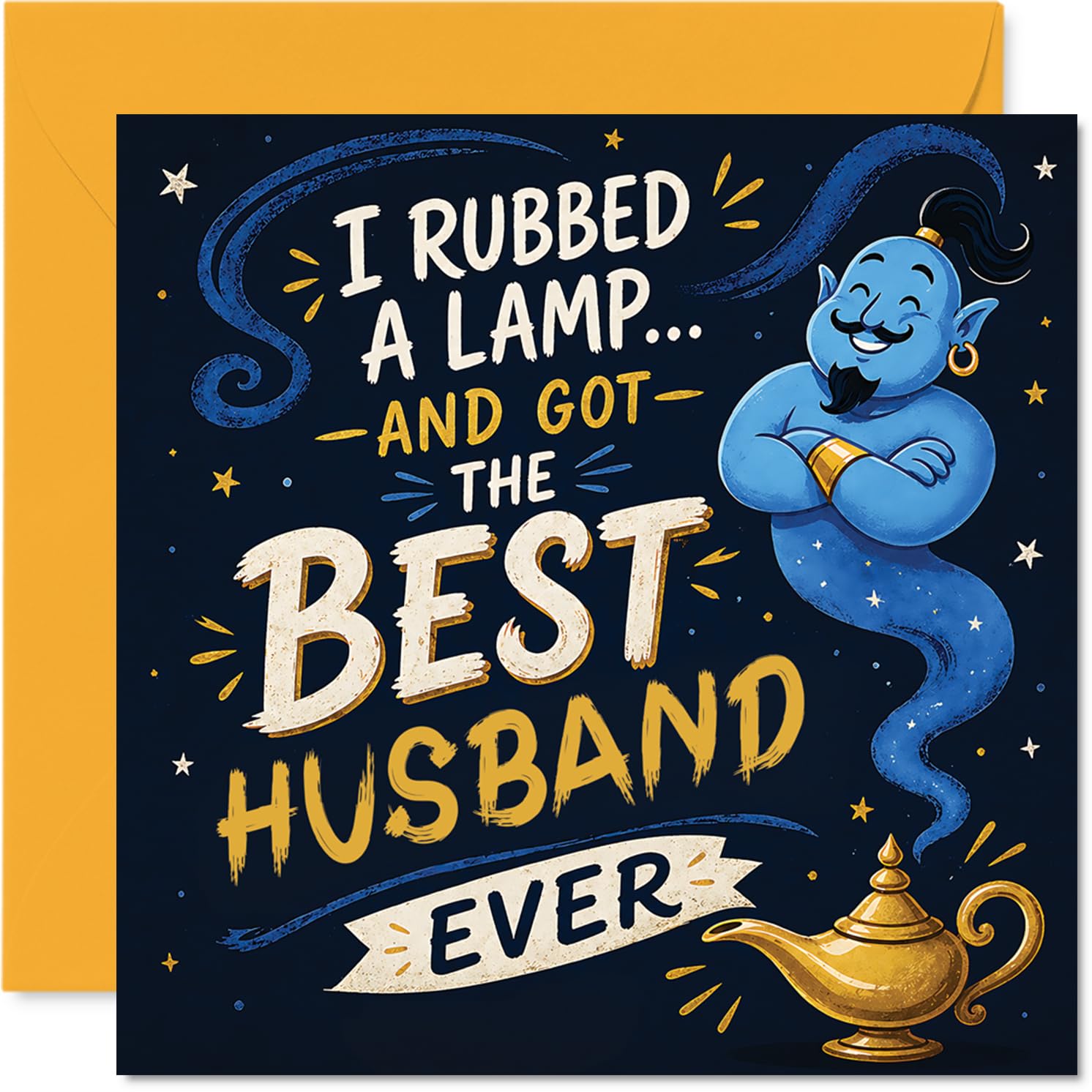 Playful Birthday Card for Husband - Three Wishes, One Amazing Hubby - Whimsical Genie and Lamp with Starry Sky, Valentine's Day - 145mm Square, Envelope Included