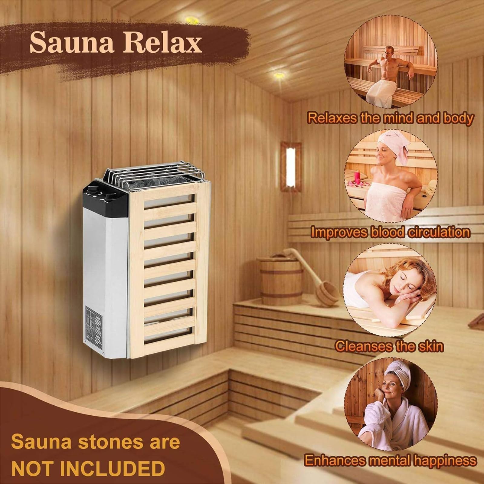 Riscaldatore Elettrico per Sauna da 3/3,6 kW - Stufa a Vapore in Acciaio Inox con regolatore Interno per Sauna umida e secca, Perfetto per Il Relax in casa. (3kw)