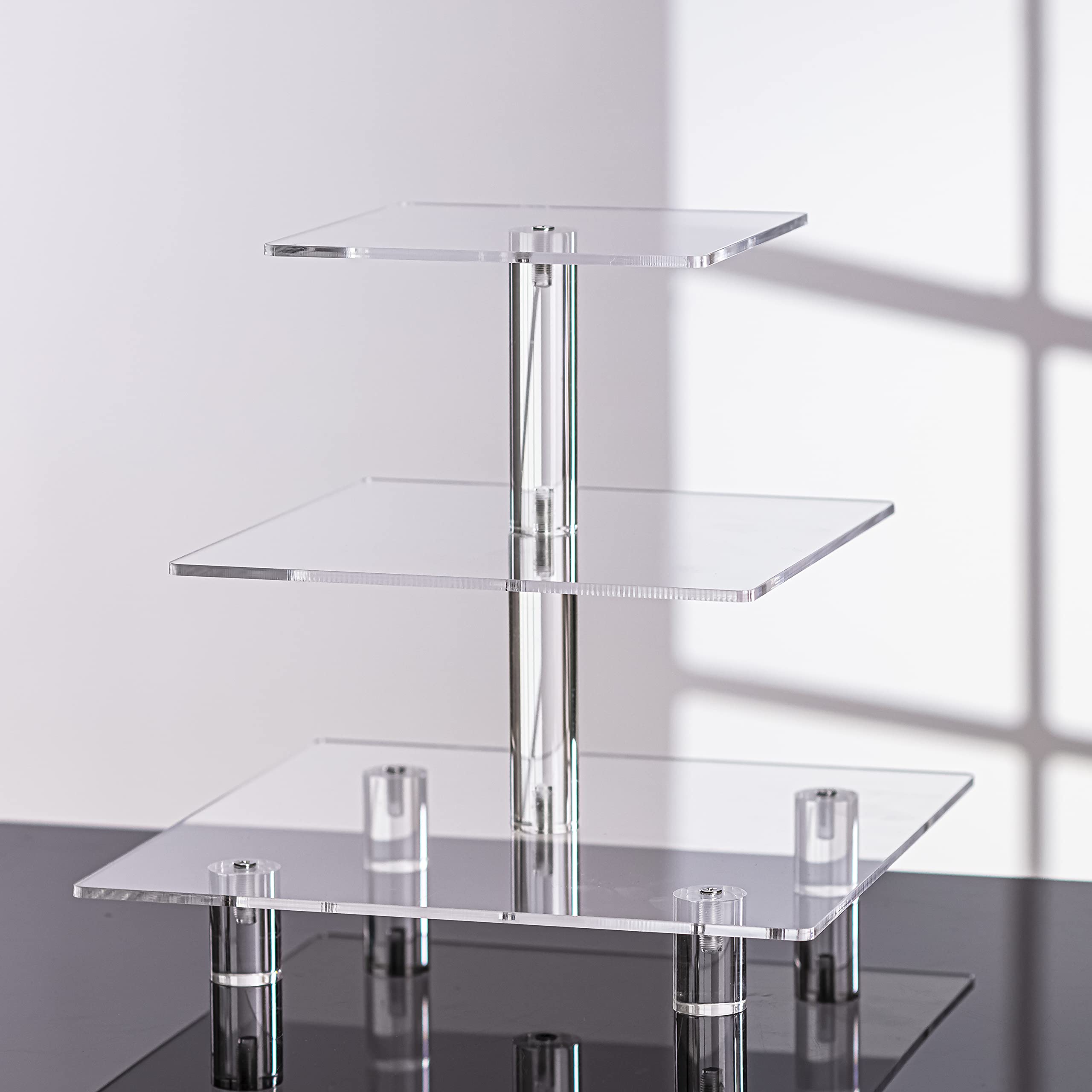 Jusalpha Soporte para magdalenas cuadrado de acrílico fuerte de 3 niveles, torre de exhibición de postre (transparente, 1)