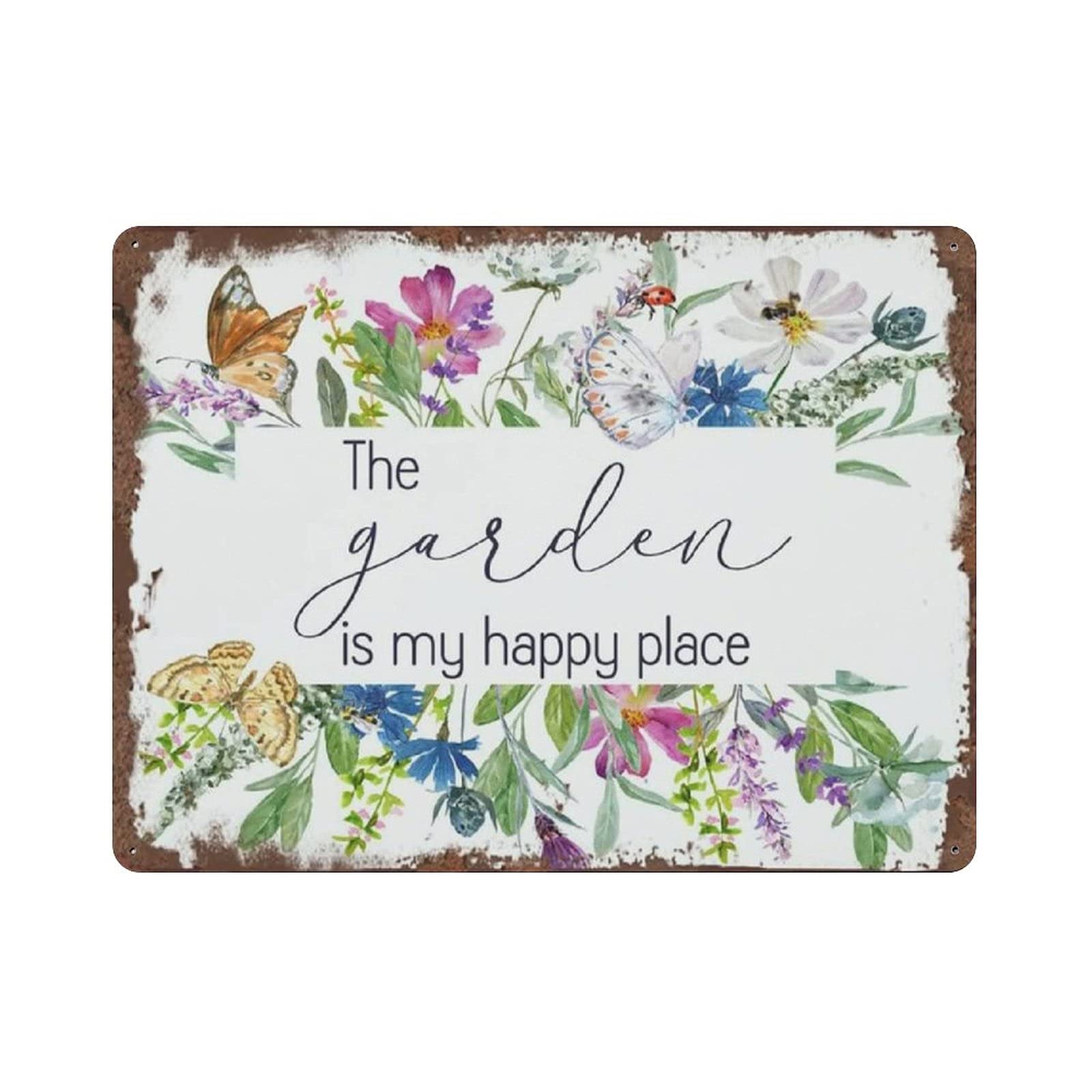 Metal Tin Sign The Garden Is My Happy Place Vintage Tin Poster Metal Sign Wall Decoration Country Kitchen Home Garage Decor 12"x16"