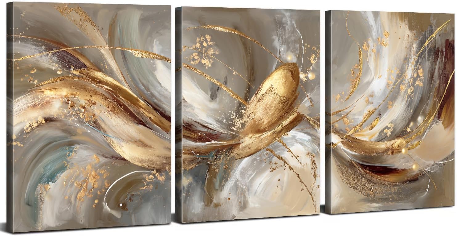 3 Pieces Abstract Wall Art for Living Room Gold Modern Bedroom Wall Decor Marble Texture Picture Canvas Prints Minimalist Watercolor Luxury Fluid Poster Artwork Framed Office Home Decorations 12x16