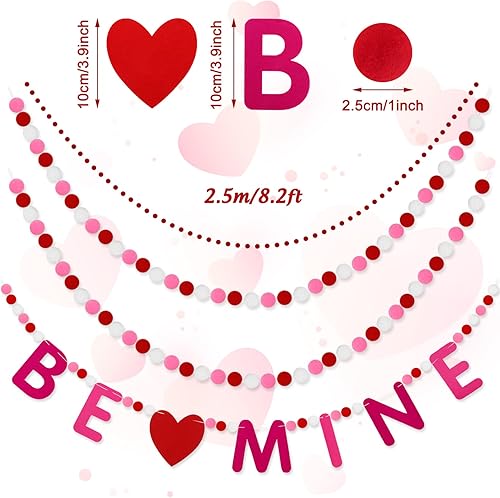 Miniatura 2 de Whaline Guirnalda de bolas de fieltro para el día de San Valentín 3 unidades con pompones color rojo rosa y blanco pancarta decorativa romántica