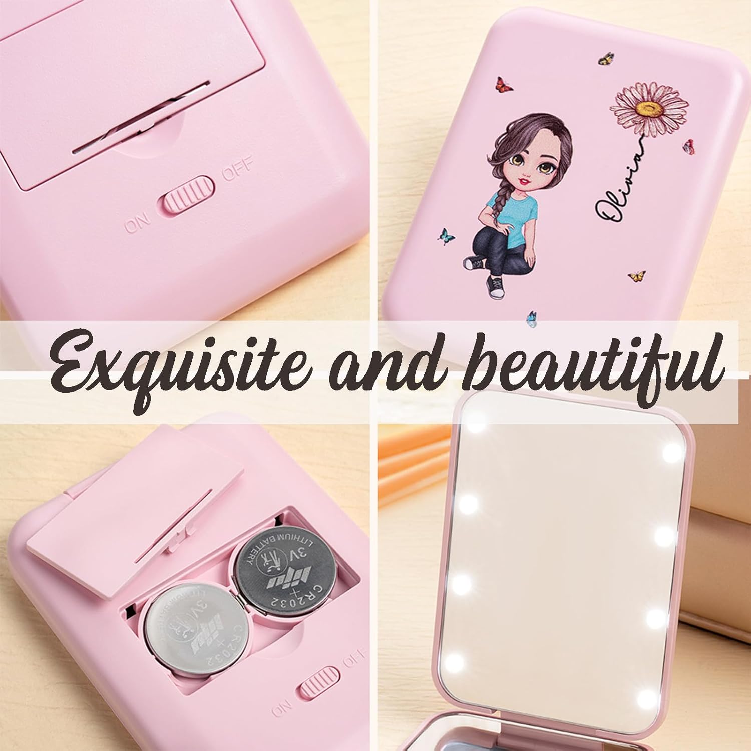 callie Personalized Travel Makeup Mirror, Custom Cartoon Character Birth Flower with Name on Portable Mirror, Pocket Mirror for Women, Birthday Gifts for Women