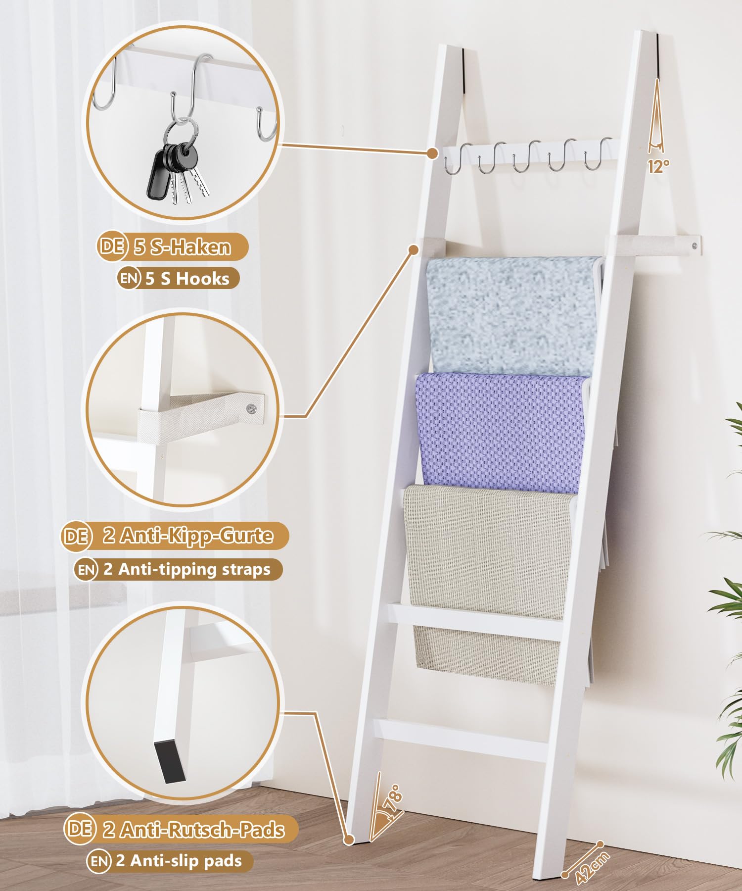 Yorbay Scala Portasciugamani in Bambù a 6 Pioli: Scala Porta Abiti con 2 Cinghie di Sicurezza e 5 Ganci - Portasciugamani Decorativa per Bagno Camera da Letto Piscina HxB 170 x 60 cm (Bianco)