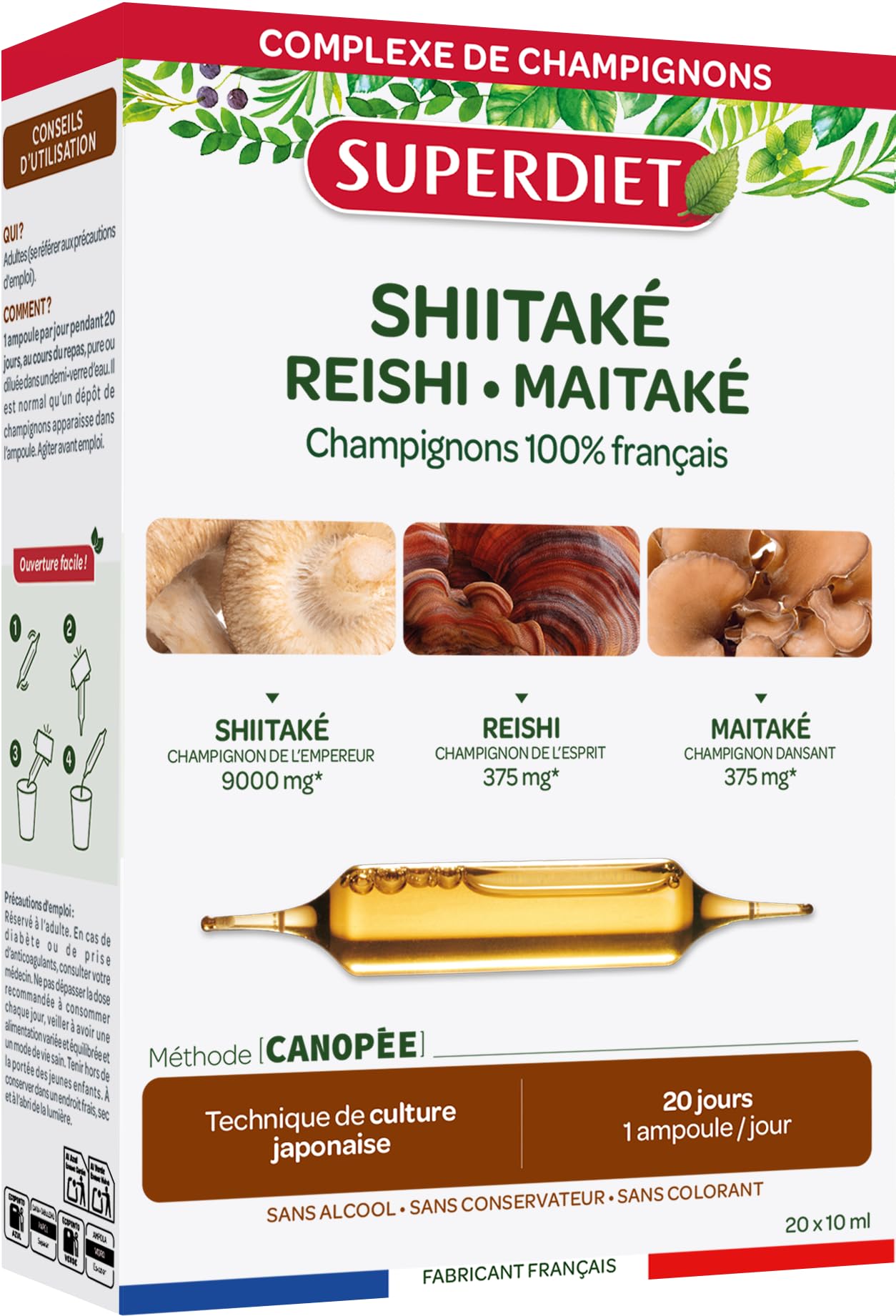 Shiitaké Reishi Maitaké - Champignons 100% français - Immunité - Ampoules | Cure 20 ampoules 10ml-Shiitaké 9000mg, Reishi 375mg, Maitaké 375mg-Méthode culture Japonaise-Fabrication Française-Superdiet