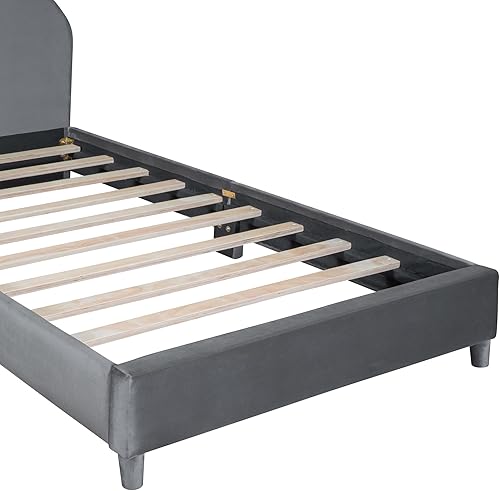 Miniatura 7 de Cama de plataforma de tamaño individual con bonita cabecera en forma de orejas de oso, cama tapizada de terciopelo con soporte de listones de