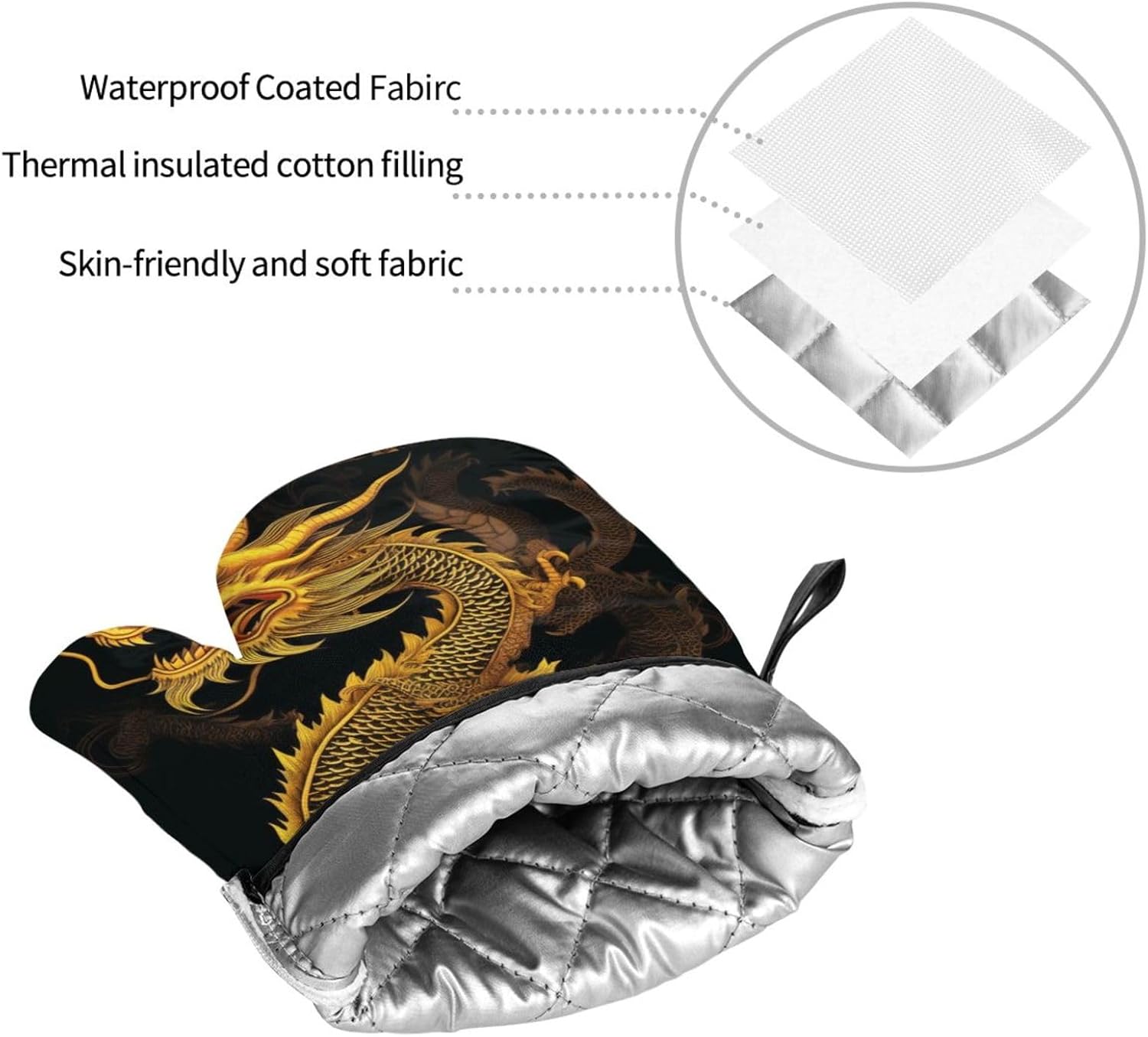 (Chinese Golden Yellow Dragon) Baking 4-Piece Set: 2 Oven Mitts and 2 Pot Holders Heat Resistant Waterproof Hanging Loop for Kitchen Oven Grill Housewarming Gifts