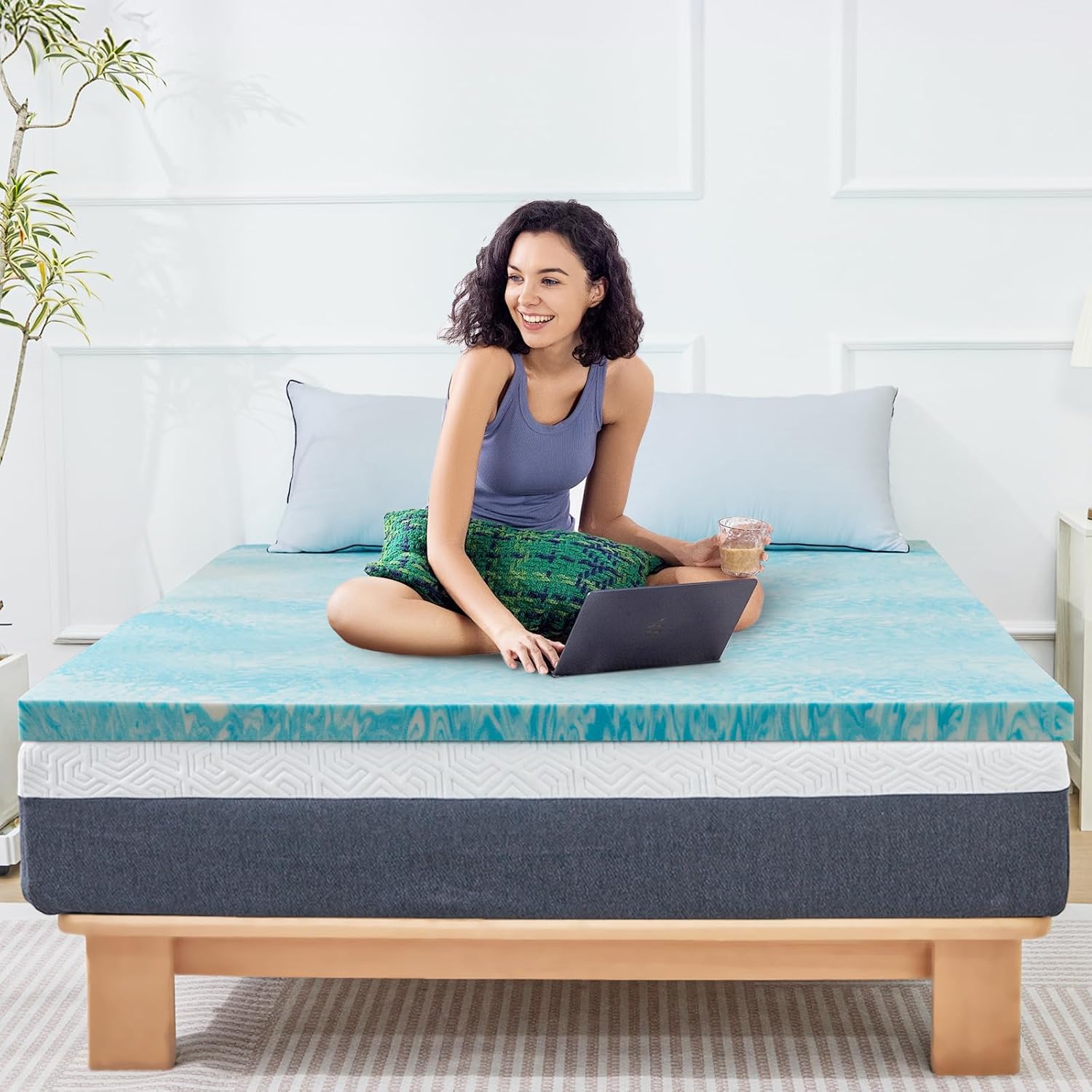 3 inch Cooling Gel Memory Foam Mattress Topper, King Mattress Topper, Blue