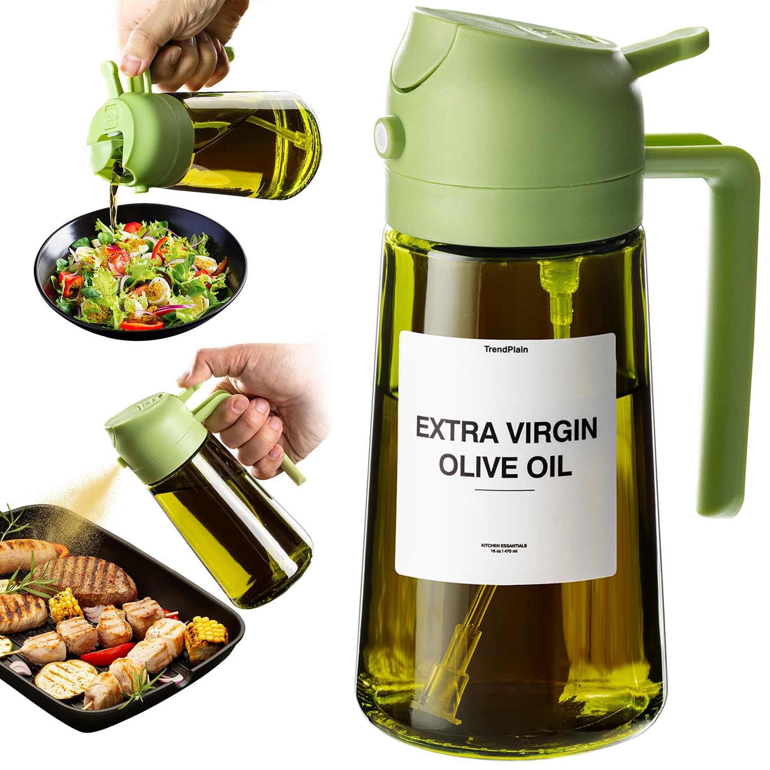 TrendPlain 16oz Olive Oil Dispenser - 2 in 1 Olive Oil Dispenser and Oil Sprayer - Green, Glass, 473.179 milliliters, Sunlight Protection, Reusable, Cylindrical, 0.31 kilograms, Cooking