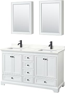 Wyndham Collection Deborah 60" Double Bathroom Vanity in White with Giotto Quartz Countertop, Undermount Square Sinks 1-Hole, Matte Black Trim, Medicine Cabinets