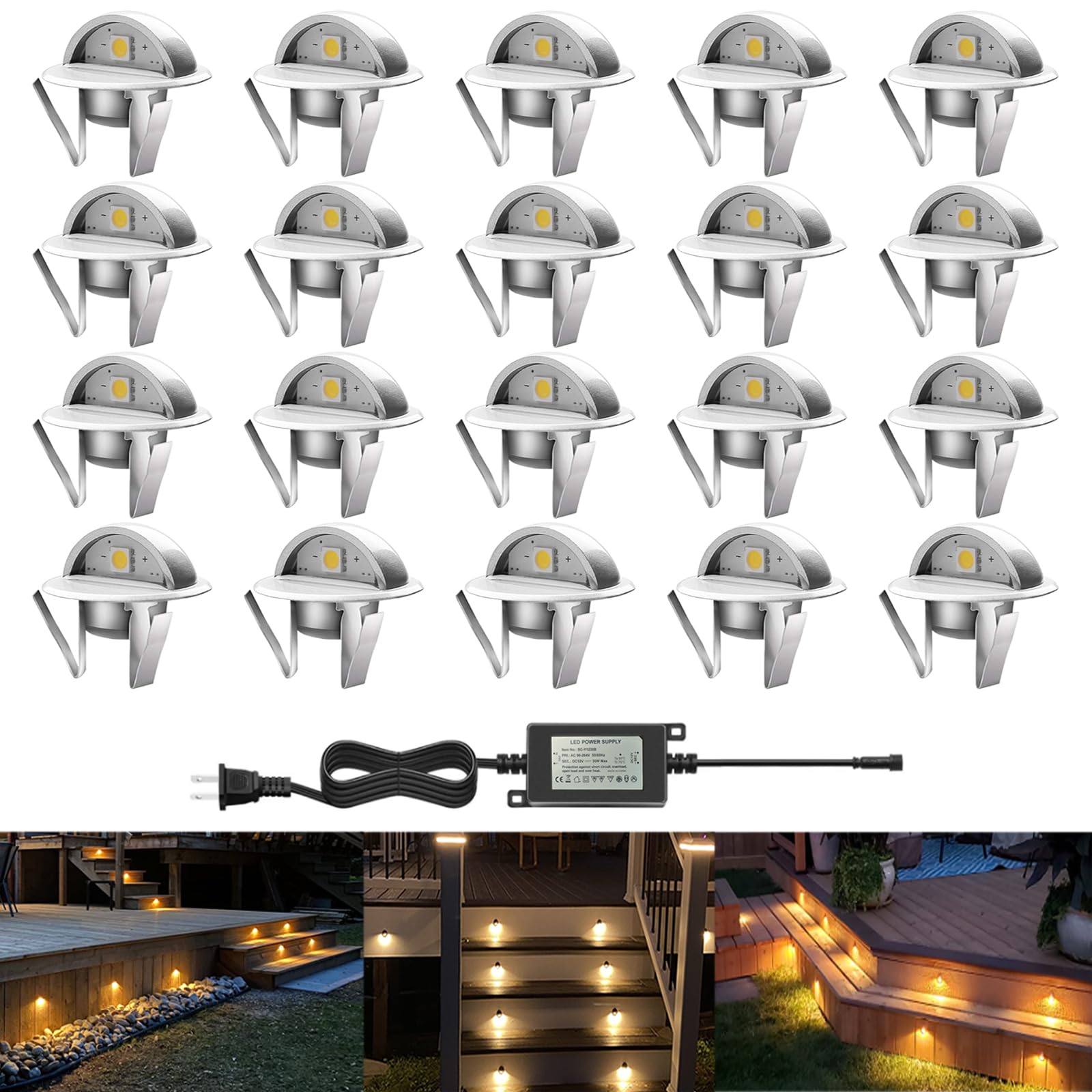 CHNXU LED Outdoor Deck Lights Kits, Φ1.38in Warm White 20 Pack Silver, Low Voltage 12 Volt DC IP65 Waterproof, Electric Wired Recessed Stair Step