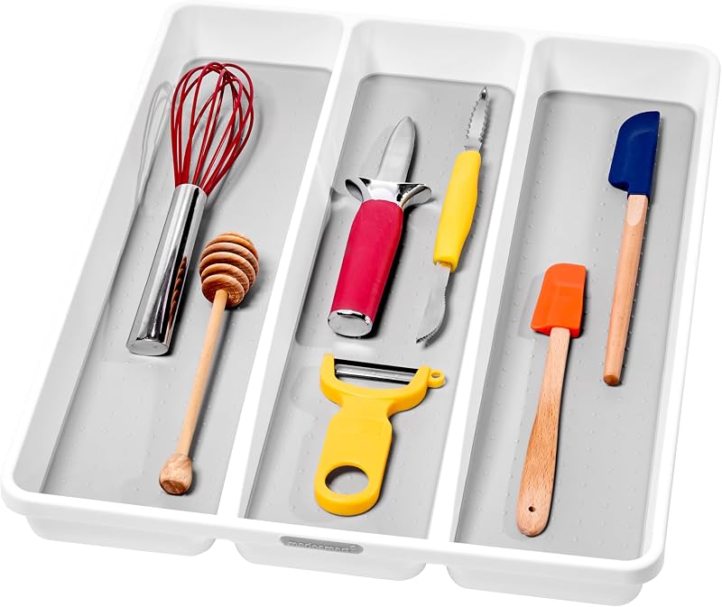 Classic 3 Compartment Kitchen Tool Tray, White | non slip feet, rounded corners, soft grip lining, wide channels, spatulas whisks tongs, ladles serving spoons, woman owned