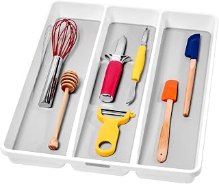 Classic 3 Compartment Kitchen Tool Tray, White | non slip feet, rounded corners, soft grip lining, wide channels, spatulas whisks tongs, ladles serving spoons, woman owned