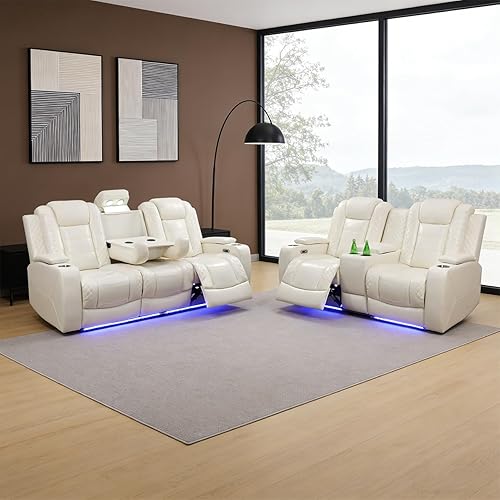 Miniatura 34 de Juego de sofá reclinable eléctrico para sala de estar, juego de sofá reclinable de cuero con luces LED, puertos USB, almacenamiento oculto, juego de