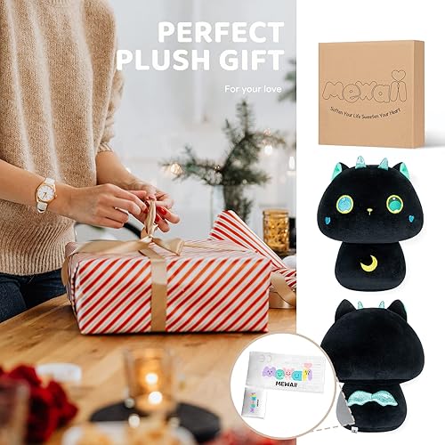 Miniatura 6 de Peluche de hongo, bonita almohada de felpa de gato negro, almohada suave y esponjosa, animales de peluche kawaii, juguetes de peluche, regalo para