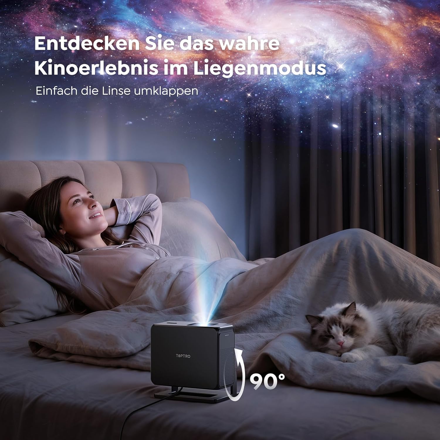 A person relaxing in bed while the TOPTRO TP3 projector projects an image onto the ceiling, demonstrating its 90-degree rotation capability.