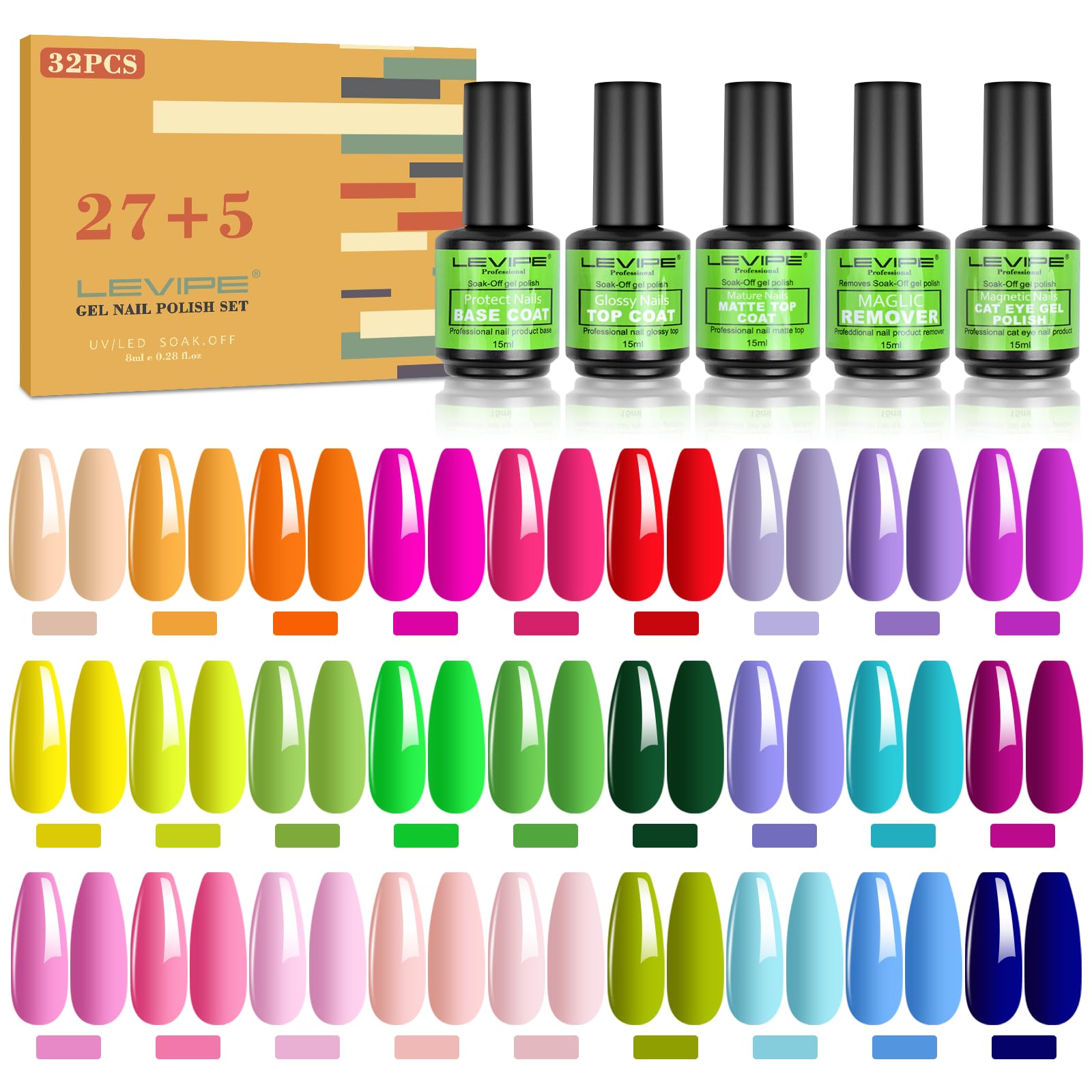 32Pcs Pintauñas Semipermanentes Kit, Popular Summer Colores Esmalte Semipermanente Gel UV LED con Base, Top Coat Brillante y Mate y Esmalte de Gel de Ojo de Gato y Removedor de Esmalte de Uñas, 15ML