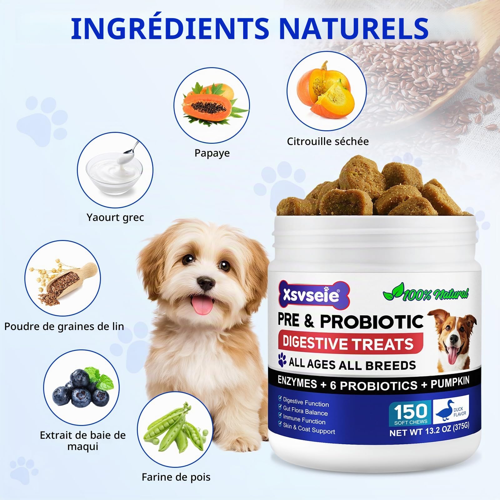 Probiotiques pour chiens avec prébiotiques – Probiotiques pour chien pour la santé intestinale | Soutient les enzymes digestives, la peau des démangeaisons, probiotique naturel pour chien – 150 goût