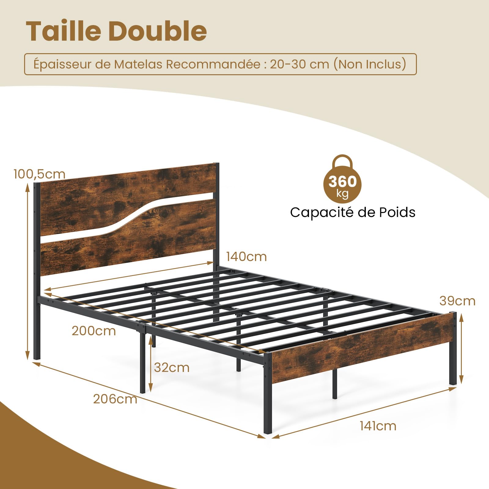 COSTWAY Cadre de Lit 140 x 200 cm avec Sommier en Métal, Lit 2 Personnes Industriel avec Tête en Bois, Espace de Rangement, Pas de Sommier Nécessaire, Montage Facile, Marron Rustique