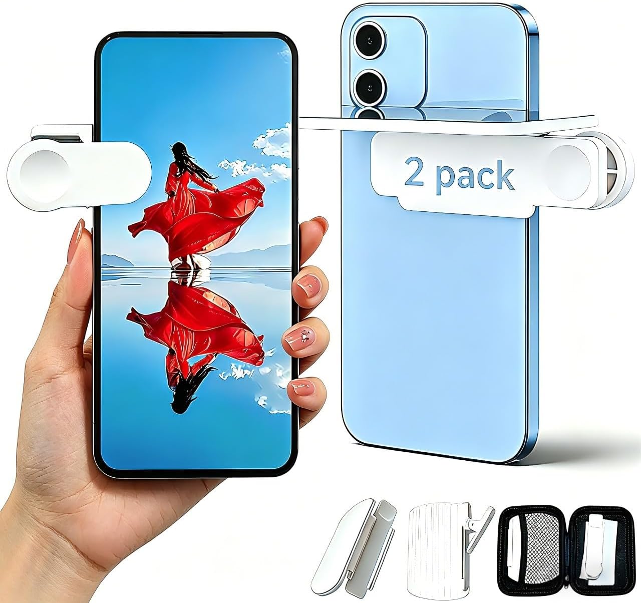NUOBESTY 2 Pack Phone Mirror Reflection Clip Kit for Smartphone Camera, Universal Phone Mirror Clip for Back Camera Recording & Selfie, Portable Photography Accessory for Travel & Party - White