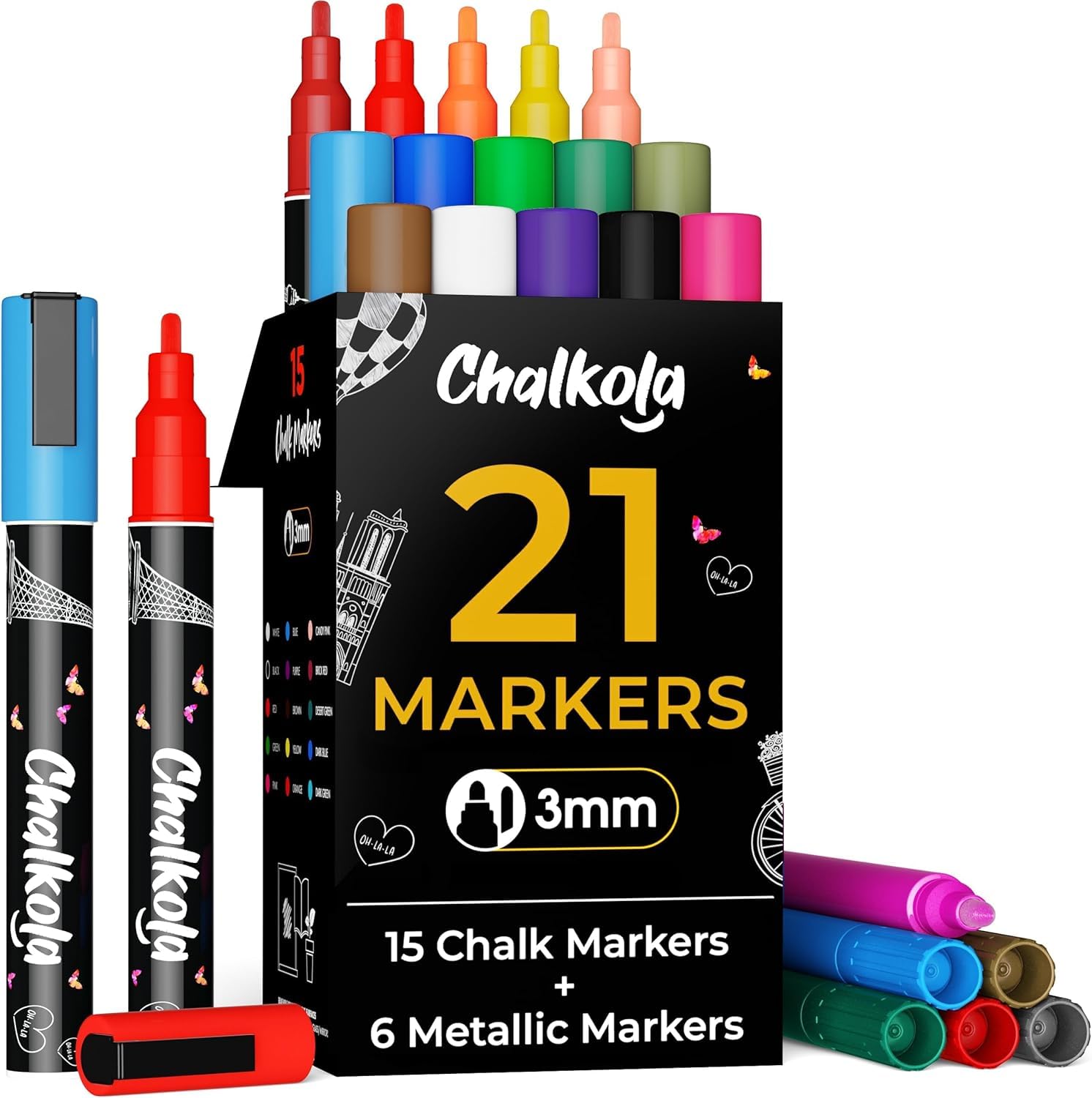 Chalkola 21 Kreidestifte für Tafel Abwaschbar - (21 Stifte 3mm, Kreidestift) | Kreidestifte für Fenster, Tafelkreide & Metallic Glasstifte, Chalk Marker, Kreidemarker Abwischbar, Fensterfarben Kinder