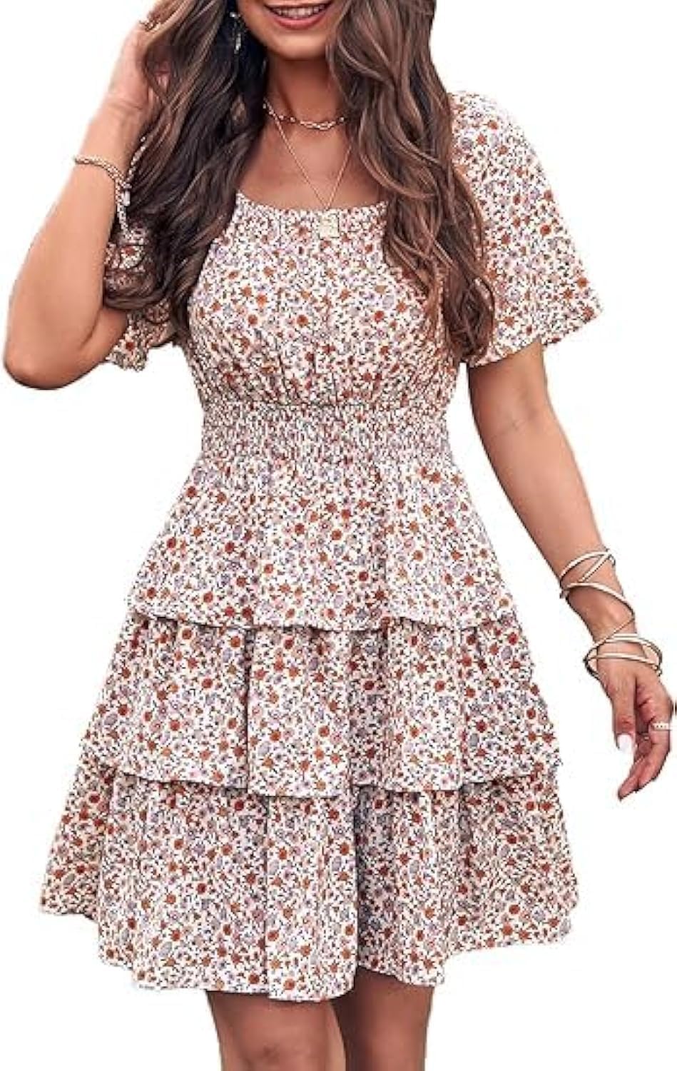 Women’s 2024 Floral Summer Short Dress Square Neck Short Sleeve Tiered Ruffle Boho Swing Dresses