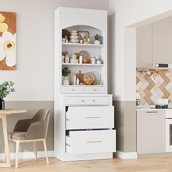 83.7inch High Kitchen Pantry with 5 Storage Drawers and Adjustable Shelf, Wood Freestanding Tall Kitchen Hutch Display Cupboard Cabinet with Faux Marble Top for Dining Room 1, White-T