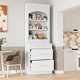 SIYSNKSI Modern 83.7inch High Kitchen Pantry, Freestanding Tall Kitchen Hutch with Faux Marble Top, Cupboard Cabinet with 5 Storage Drawers and Adjustable Shelf (White-4)