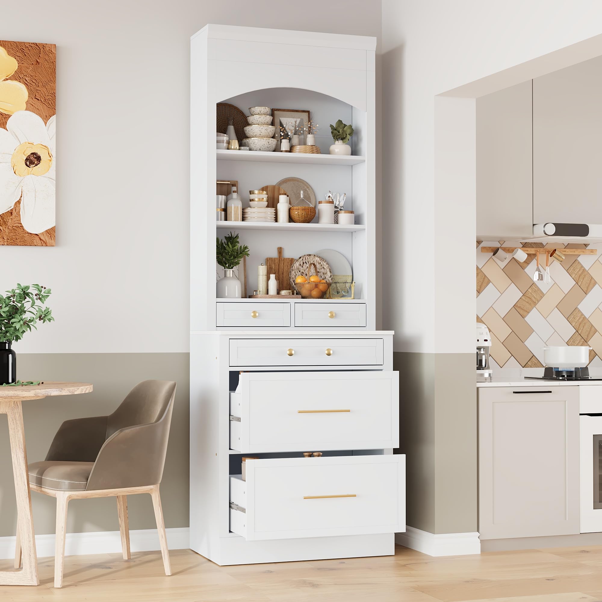 Modern 83.7inch High Kitchen Pantry, Freestanding Tall Kitchen Hutch with Faux Marble Top, Cupboard Cabinet with 5 Storage Drawers and Adjustable Shelf (White-4)
