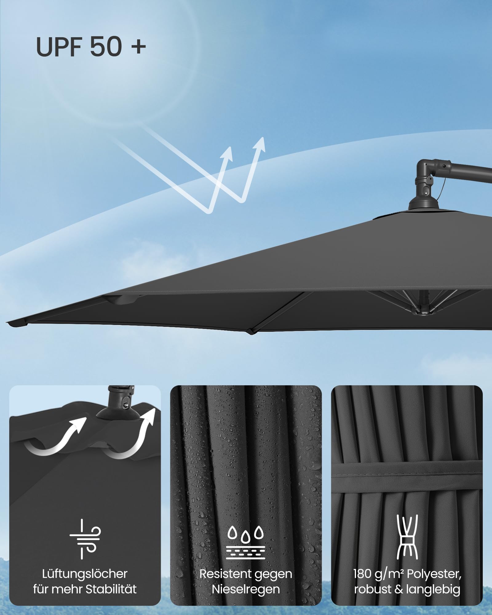 SONGMICS Sonnenschirm Ampelschirm 300 cm d mit Ständer UPF 50+ | Sonnenschutz Balkon, Balkonschirm, mit Kurbel zum Öffnen und Schließen, grau GPU116G01V1