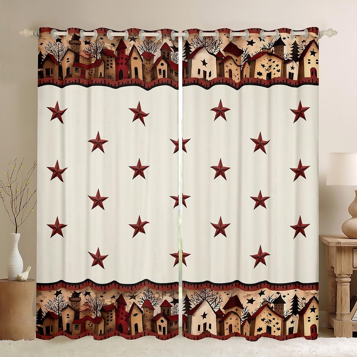Erosebridal Rustic Country Blackout Curtains 38" Wx45 L, 2 Panels Farmhouse Barn Window Curtains Stars Christmas Town Window Treatments Drapes for Bedroom Country Brown Red