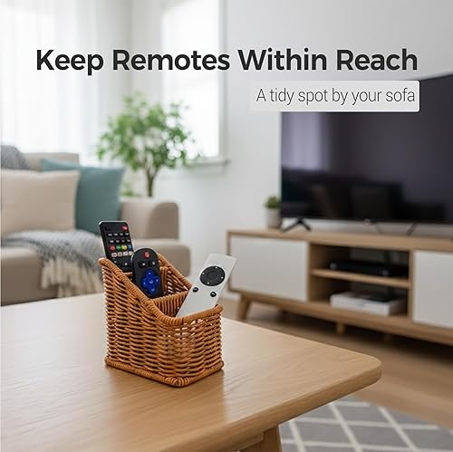 Miniatura 4 de Soporte de mimbre tejido a mano, caja de almacenamiento de mimbre rústico para TV, organizador de escritorio de granja, suministros de oficina,