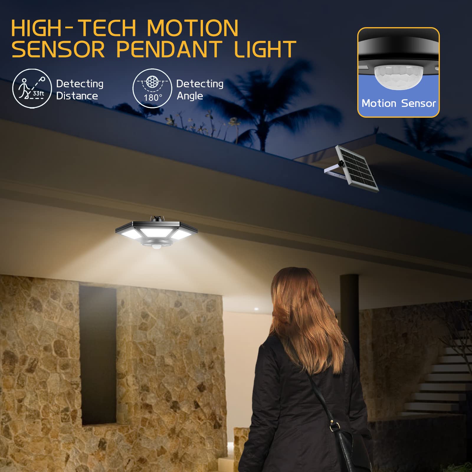 Deogos Solar Pendant Lights, Dual Head Solar Shed Lights with Motion Sensor for Outdoor,180 LED Solar Indoor Lights with Remote Control for Barn Gazebo Garage Garden Home