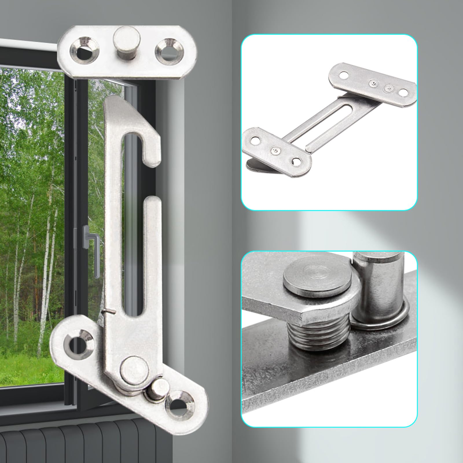Paquete de 4 limitadores de ventana, retenedores de ventana de acero inoxidable a la izquierda y a la derecha, cerraduras de tope de ventana con tornillos para puertas francesas/ventanas