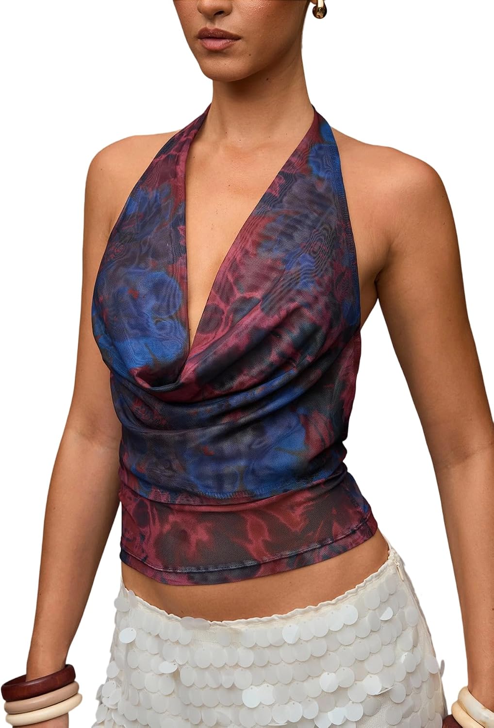 SOLY HUX Women's Cowl Neck Halter Tops Backless Summer Floral Sheer Mesh Deep V Neck Going Out Crop Tank Tops