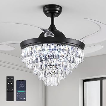 48" Black Crystal Ceiling Fans with Lights, Luxury Chandelier Fan APP & Remote Control Dimmable Fandelier for Dining Room Living Room Bedroom
