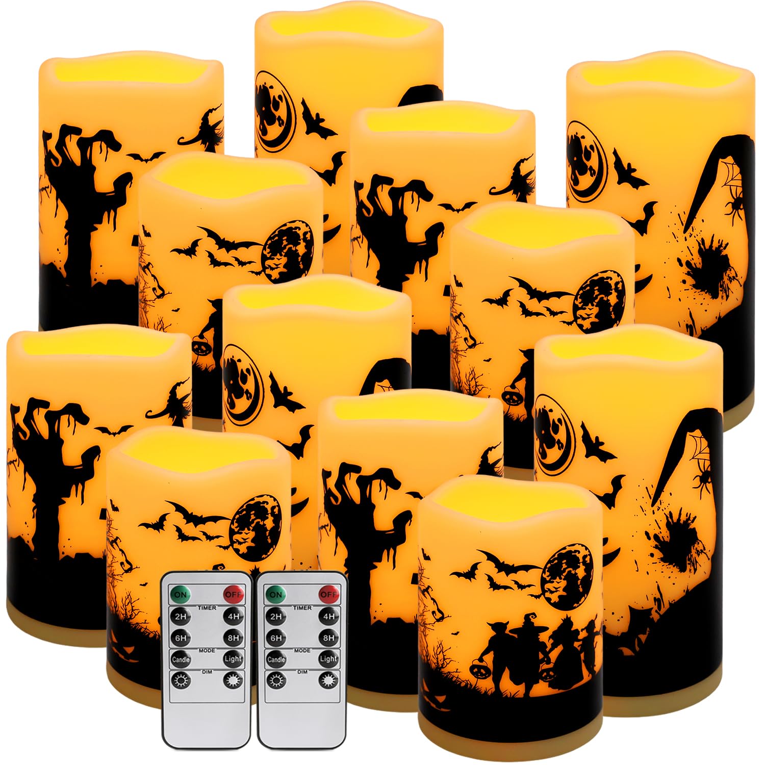 12-Pack Halloween-Flameless Led Pillar Candles，Remote Control and Timer Functions,