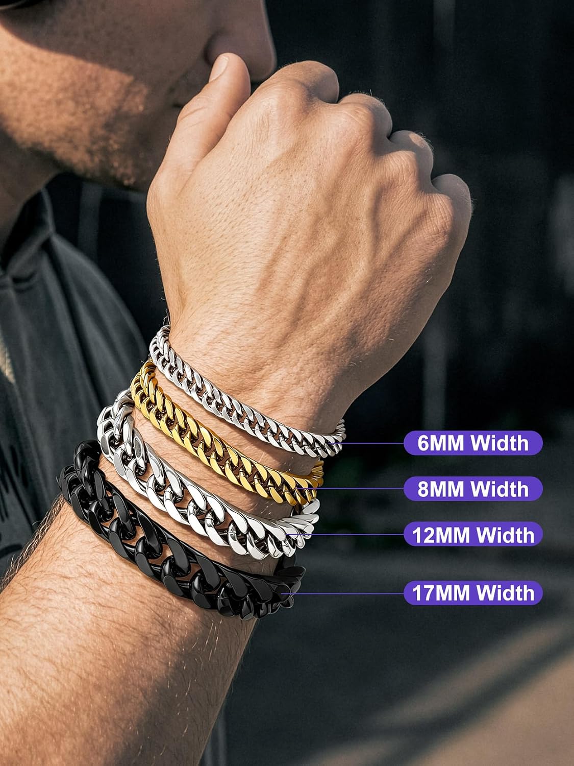 Richsteel Mens Cuban Link Bracelets, Silver/Black/14K Gold Plated Stainless Steel Bracelet for Men 8/12/17mm Width, 7.4/8.2/9 Inch Length Chain Wrist Bracelets With Gifts Box