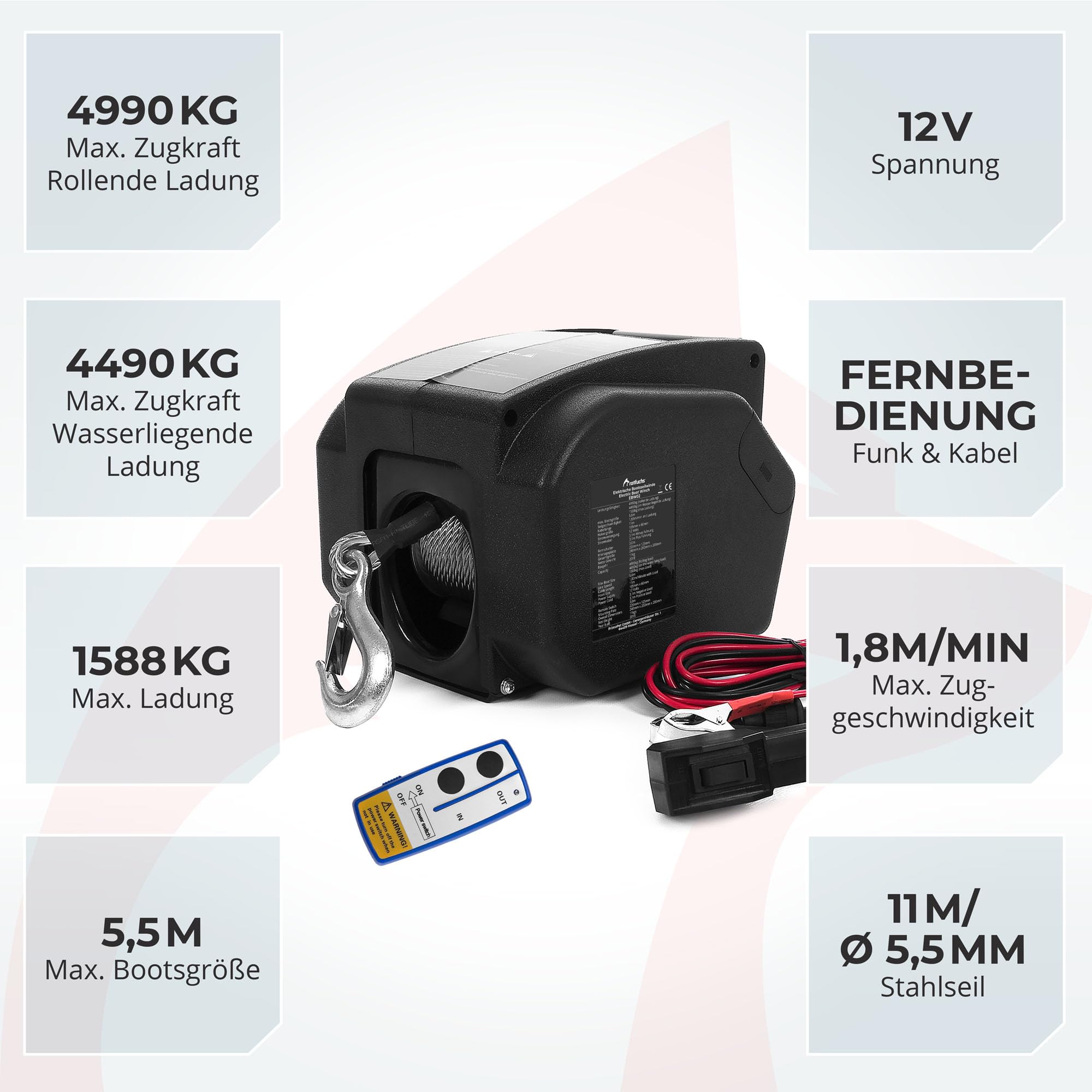 ROTFUCHS Elektrische Seilwinde 12V 4990 kg Zugkraft mit Funkfernbedienung für Bootstrailer