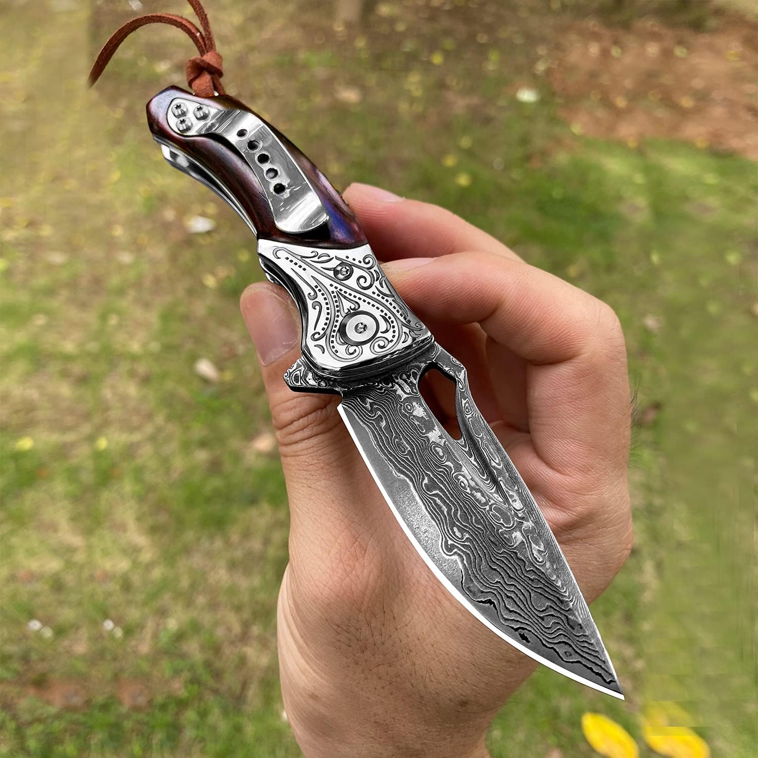 Handmade Damascus Steel Flipper Folding Knife with Pocket Clip, Liner Lock, Tactical Knife for Camping, Hunting, Fishing and EDC