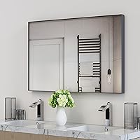 Vista 7 de VocalStar - Espejo de baño negro de 16 x 24 pulgadas para pared, espejo rectangular de esquina cuadrada con marco de metal negro para tocador
