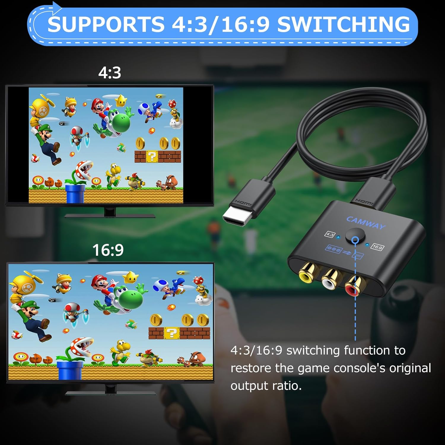 Image showing a TV displaying content in 4:3 and 16:9 aspect ratios, with an arrow pointing to the aspect ratio switch on the CAMWAY converter.